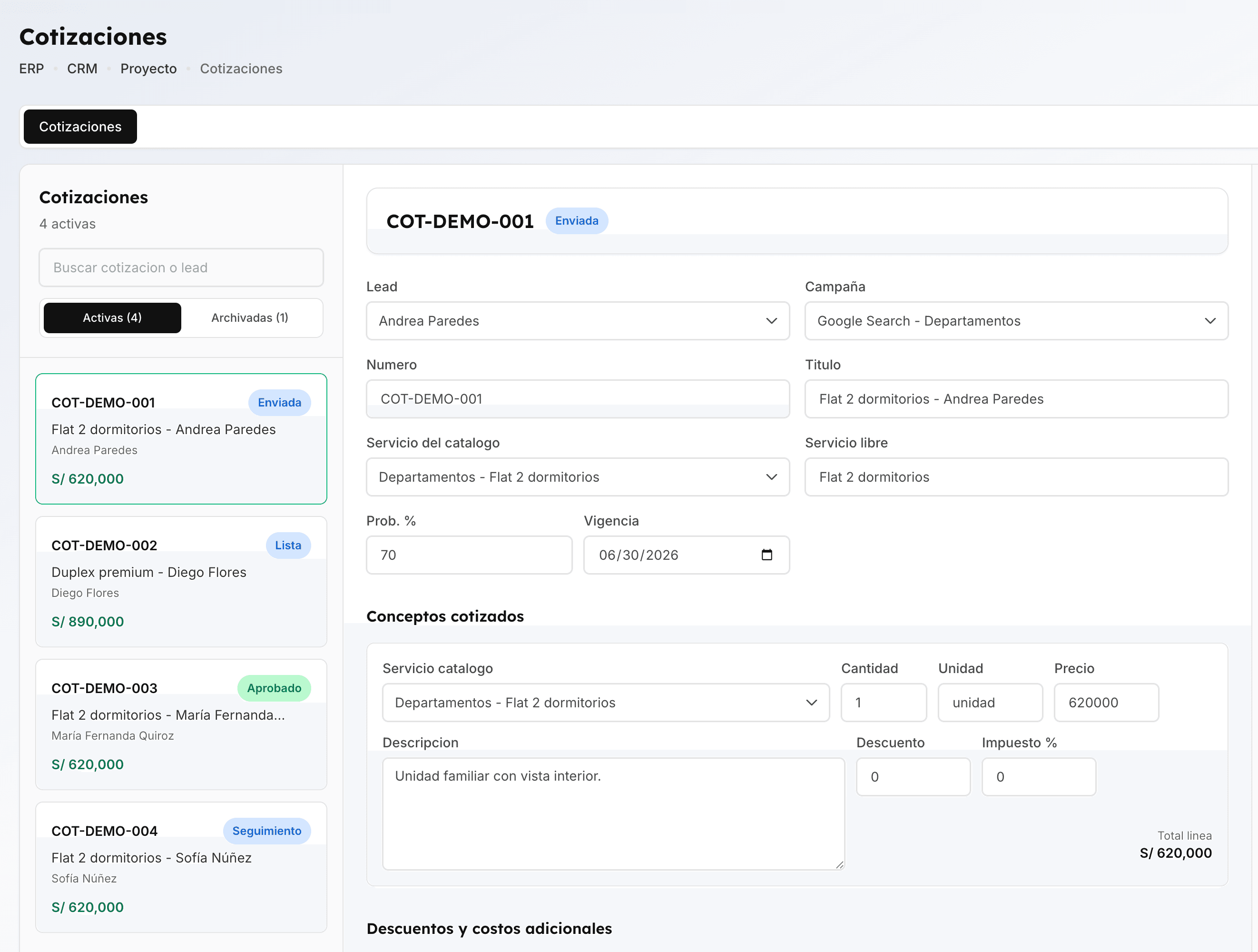 Pantalla de gestión de cotizaciones en Veetcuna CRM