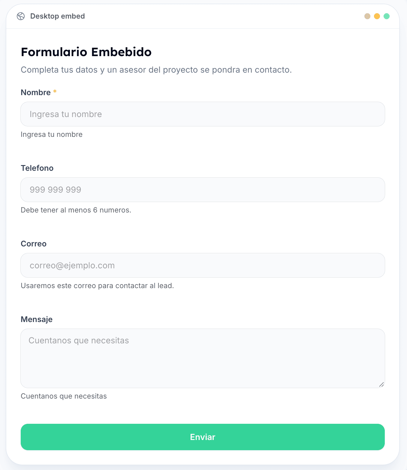 Formulario embebido conectado a Veetcuna CRM