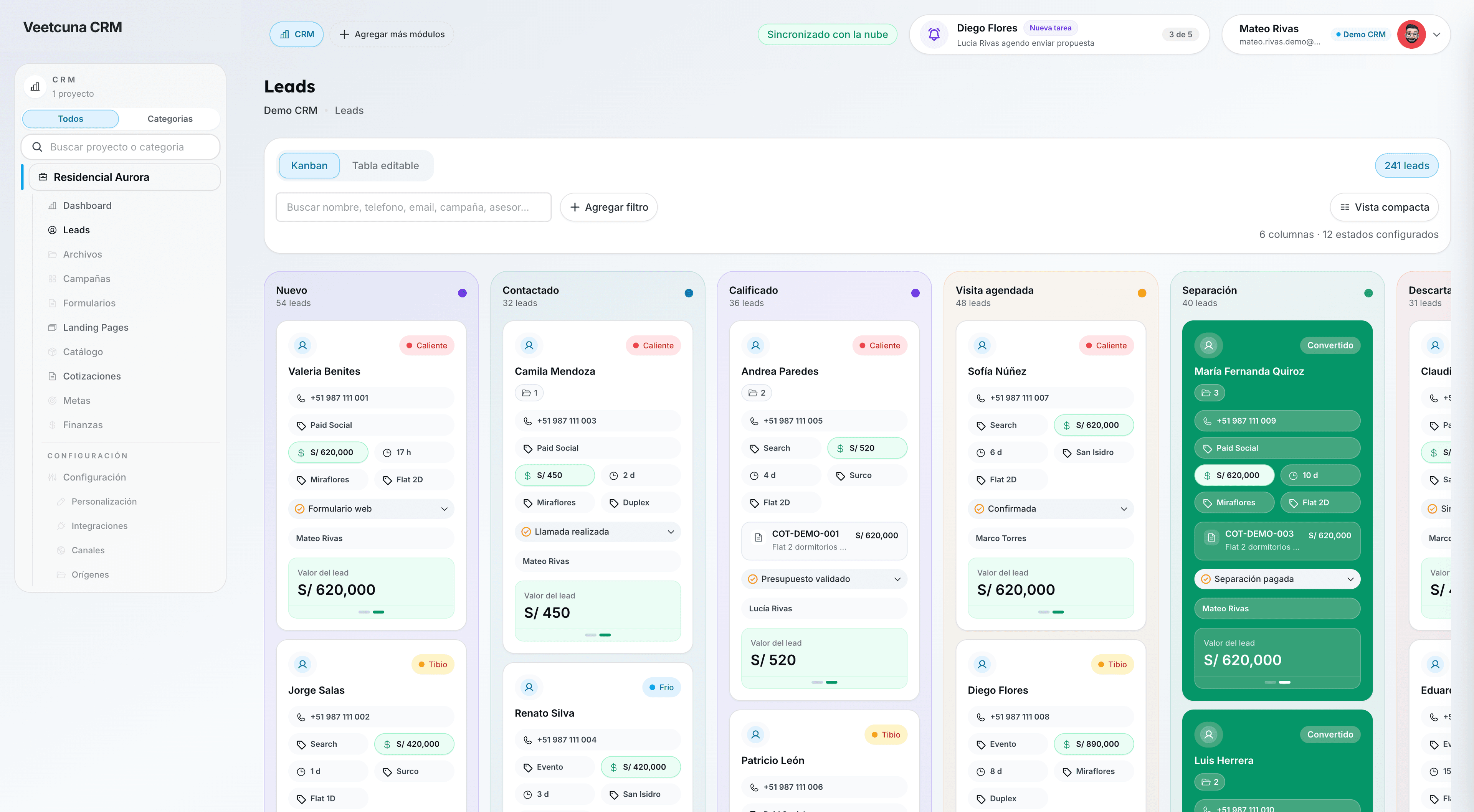 Pipeline kanban de leads en Veetcuna CRM