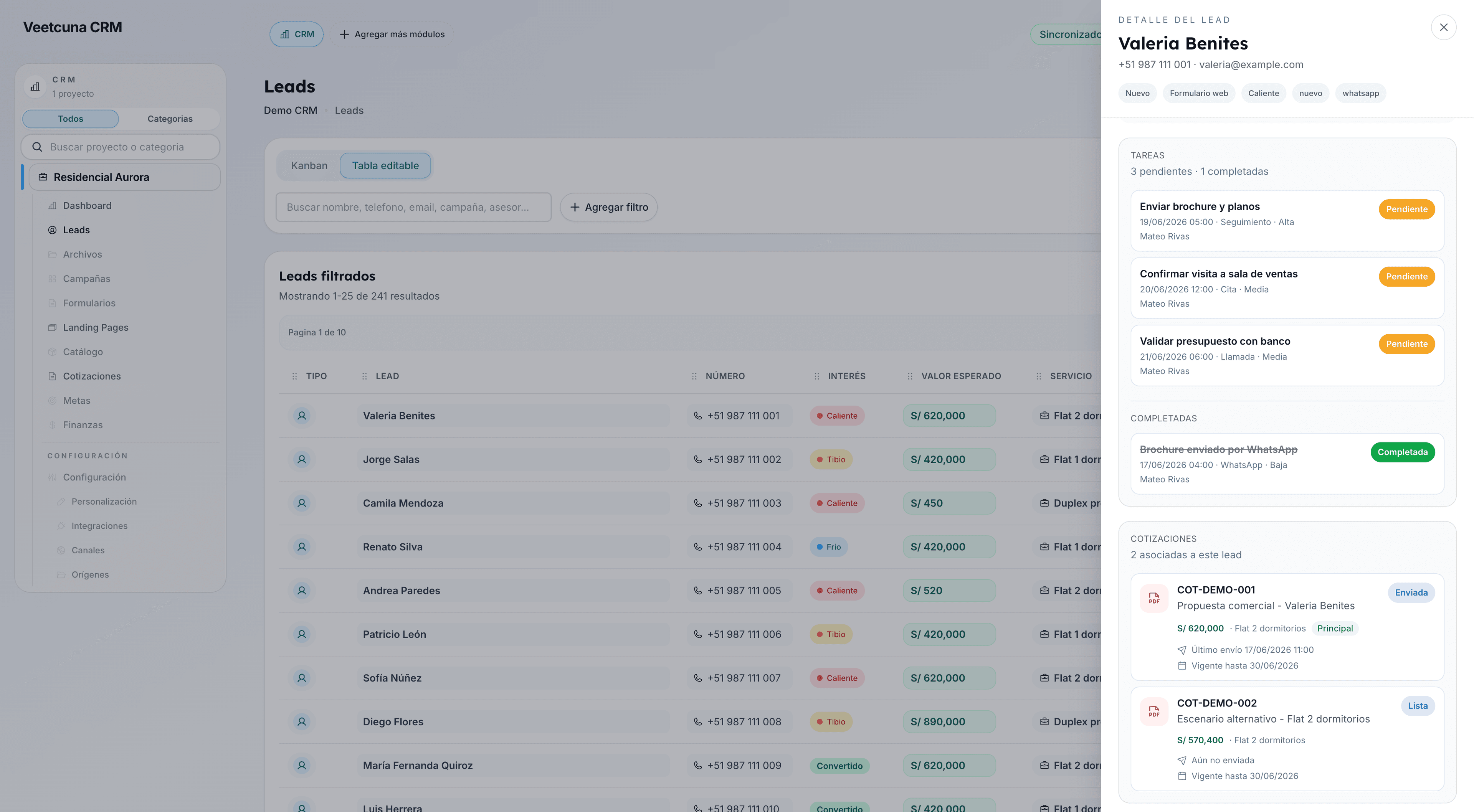 Detalle de lead con tareas y cotizaciones en Veetcuna CRM